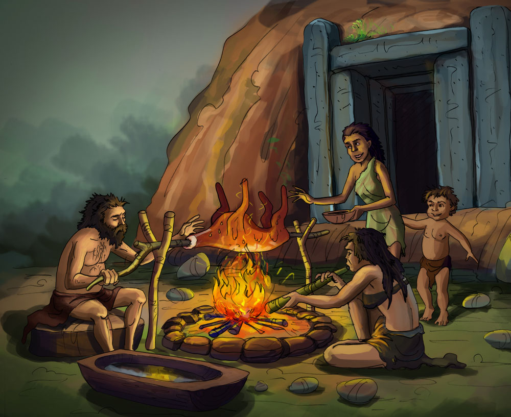 A Stone Age family around a campfire cooking dinner