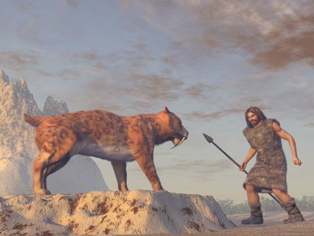 A Sabre Toothed Tiger and a caveman with a spear looking at each other