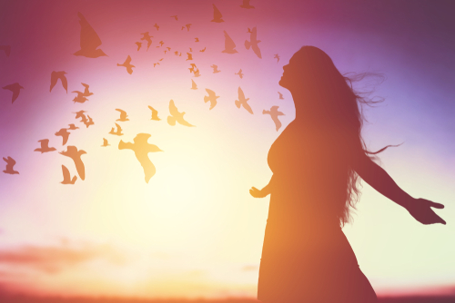 A girl with open arms and and birds flying in the sunset 